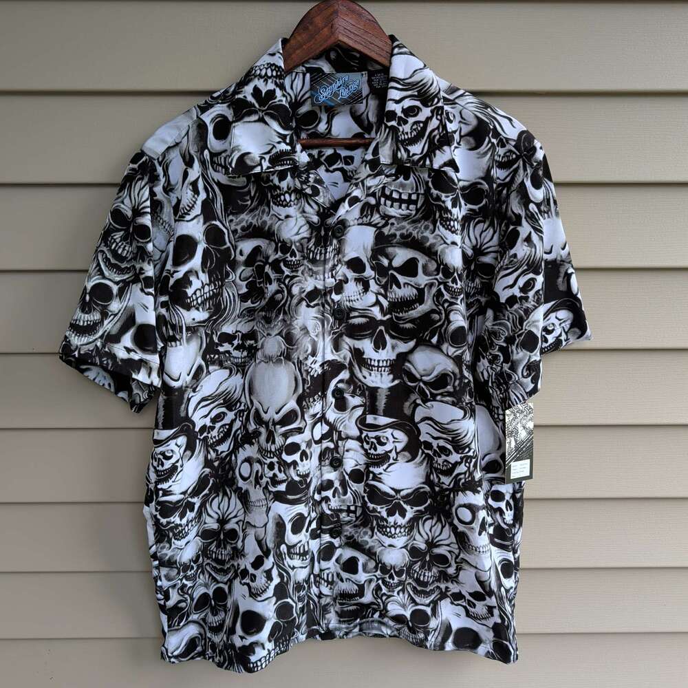 Sapphire Lounge Overdose Shirt Mens S Black White Skull Print Button Down